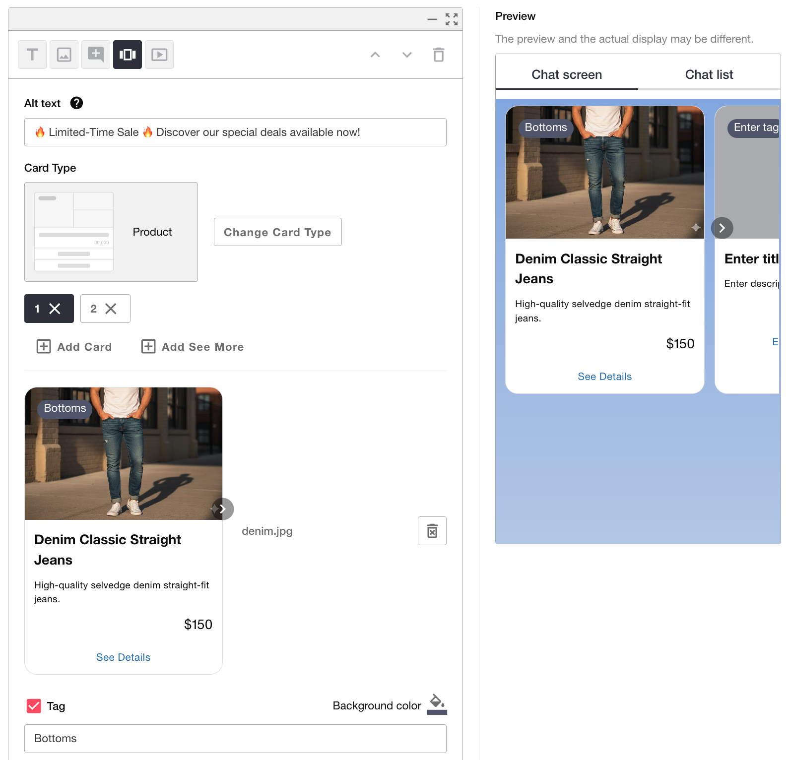 Product card input form