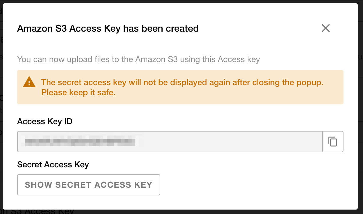 Show Amazon S3 access key pop-up