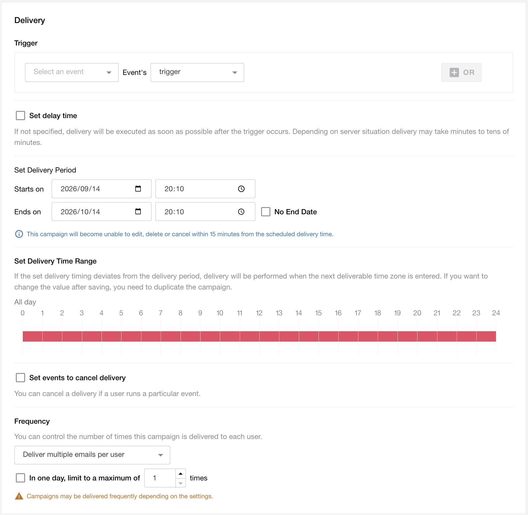 Delivery settings input page