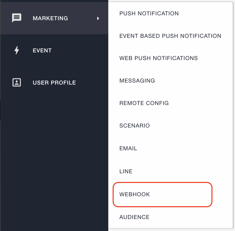 [Marketing] > [WEBHOOK] in the left menu