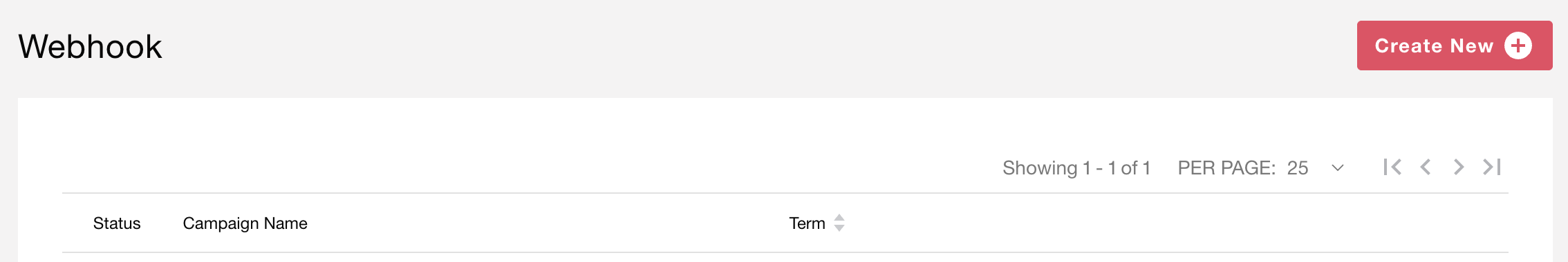 [Create New] button on the Webhook list page