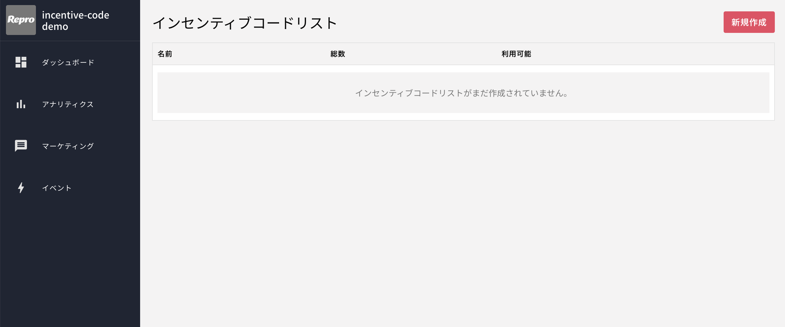 インセンティブコード一覧画面
